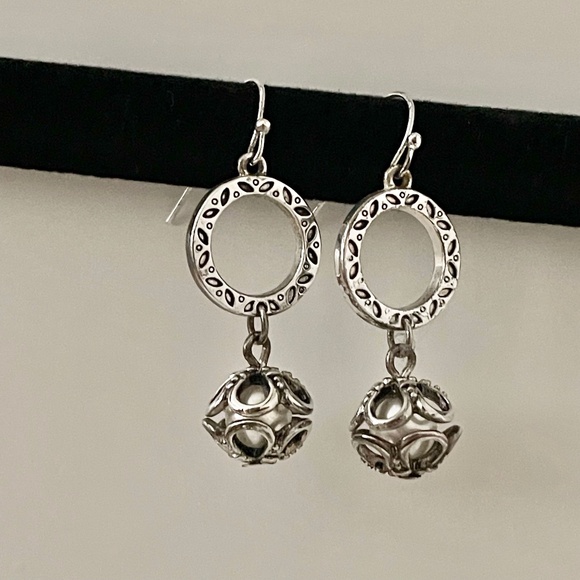 Jewelry - Silver Tone Pierced Earring Dangles with Caged Faux Pearls